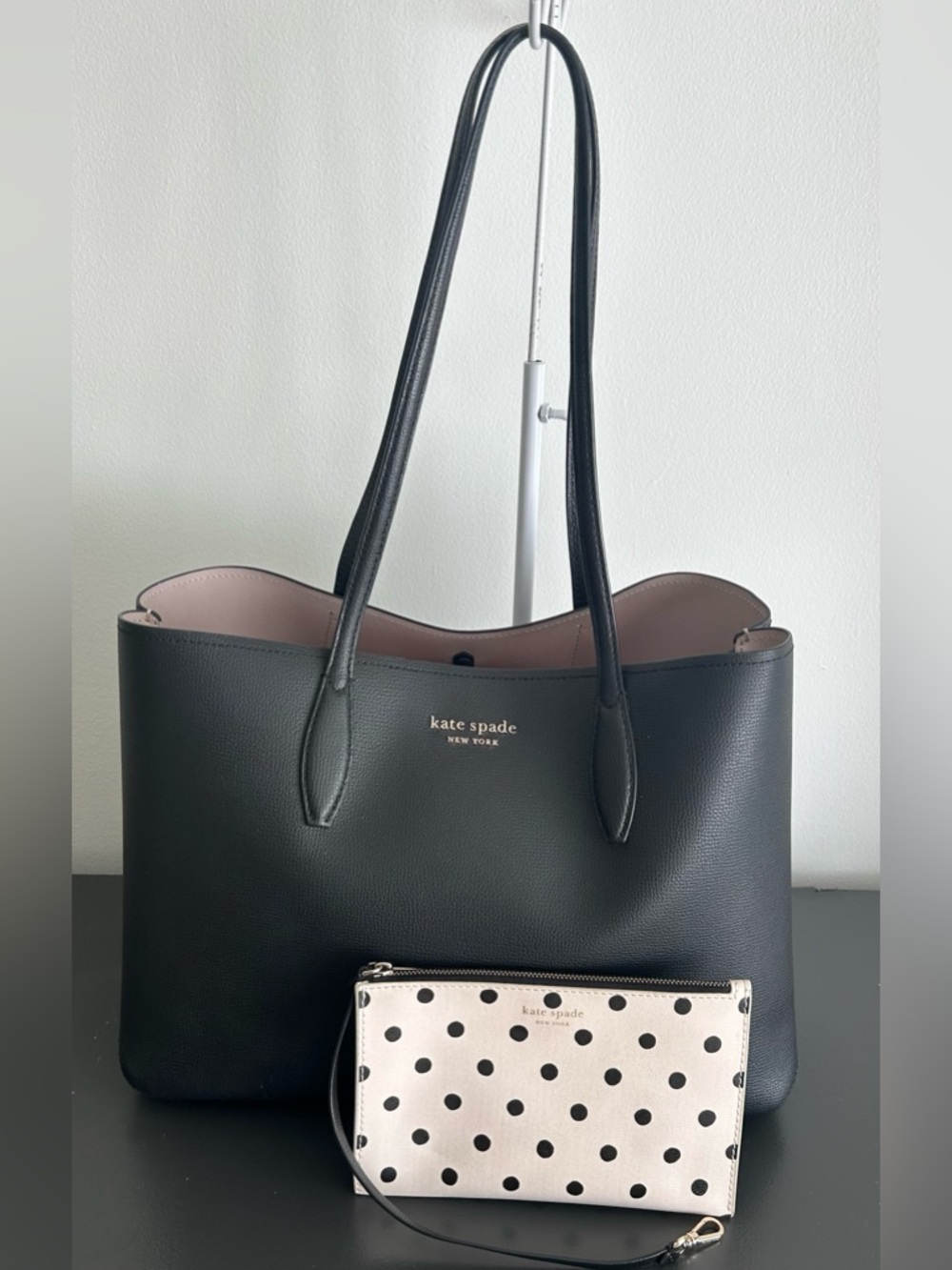 Kate Spade Black Leather Tote Bag set with Polka Dot Wristlet Wallet - Picture 2 of 12